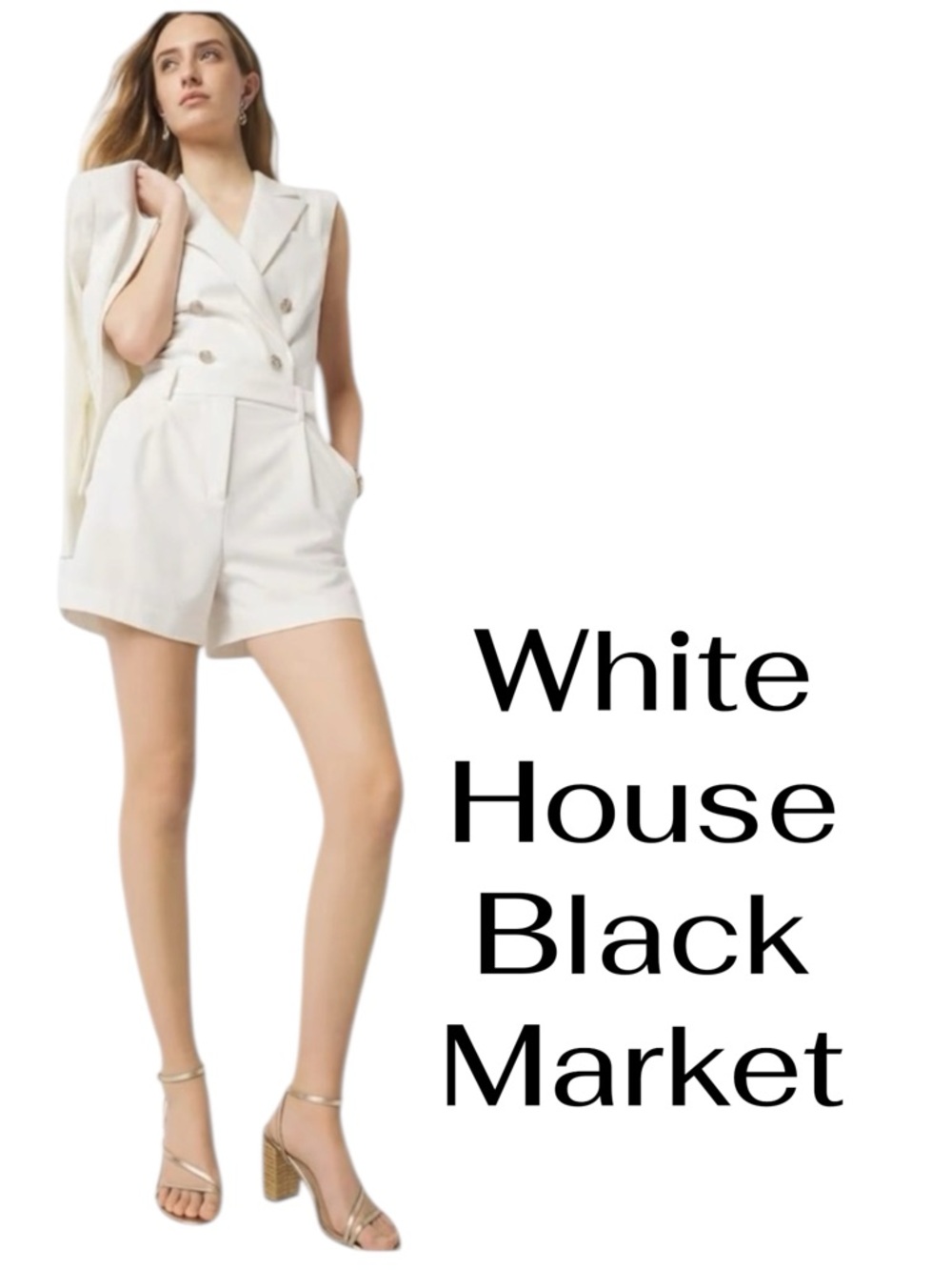 White House Black Market Pinstriped Double Breasted Blazer Romper Ecru Gold Sz 8